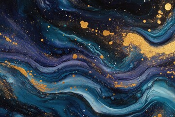 Acrylic pour painting with swirling patterns of blue, purple, and gold