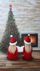 Obraz premium A festive holiday evening with mother and child reading by the fireplace in cozy red sweaters and Christmas hats