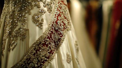 Obraz premium Elegant Indian bridal gown with delicate handwork, showcasing luxurious silk fabric and elaborate embroidery.
