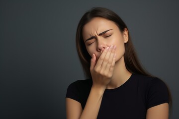 A young woman is visibly distressed from intense tooth pain, covering her mouth with her hand while feeling discomfort in a dimly lit environment. This highlights the need for dental care
