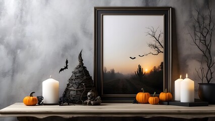 Modern minimalist vertical wall art mockup with sofa for Halloween, blank frame for vertical wall art living room mockup, Halloween spooky scary vibes of the room interior
