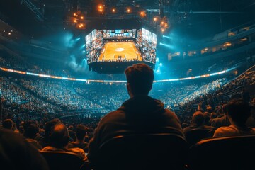 A man watches a basketball game on a large screen in a packed arena. The atmosphere is electric with anticipation.
