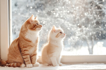 Two cats sit together by a window gazing outside at falling snow