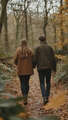 Fototapeta premium A young couple strolls hand-in-hand through an autumnal forest, their love story unfolding amidst the falling leaves.