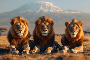 Majestic Lions Resting on the Savanna with Mount Kilimanjaro in the Background