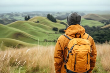 Male traveler standing in an open field of rolling green hills, wearing a mustard-colored backpack and jacket. Facing the serene landscape, fully immersed in nature's beauty and enjoying