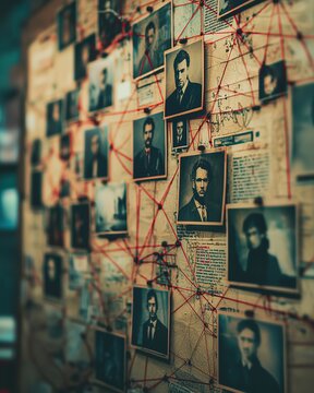 Vintage detective board with photos and red string connections