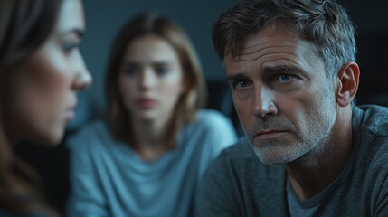 Tense conversation between three people in a dimly lit room