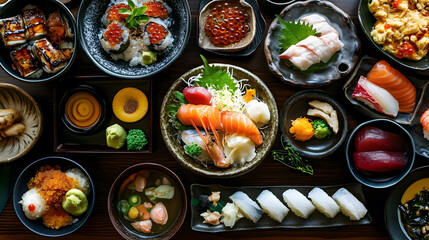 Elegant Japanese Cuisine, showcasing premium ingredients, vibrant colors, intricate presentations, culinary artistry, cultural richness, gastronomic delight