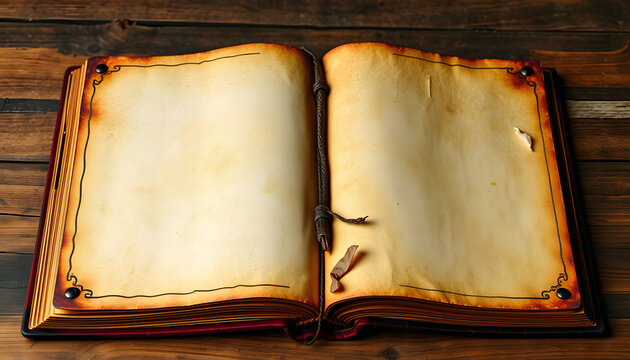 Old witch book empty page. Bewitched grimoire weathered pages tope view. Blank witchcraft or magic book page. Medieval burnt witchcraft weathered scroll manuscript or spells. Mystic occult concept i