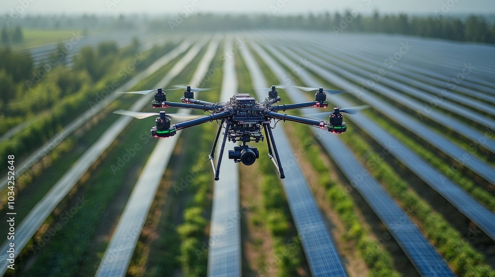 Aufkleber a drone hovers above rows of solar panels installed in an expansive field, capturing data in bright 