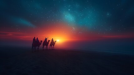 Fototapeta premium A dramatic scene of three astrologers on camels pointing toward a glowing star in the twilight sky, the colors of dusk spreading across the horizon,