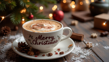 Cappuccino coffee cup with Merry Christmas text on winter holiday background