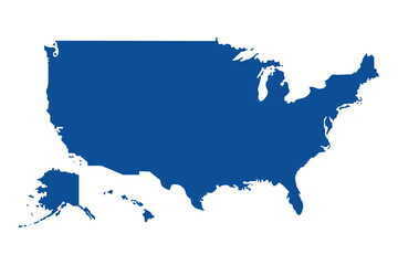 Colour map of the USA. The outline of the USA with a fill. Blue map.