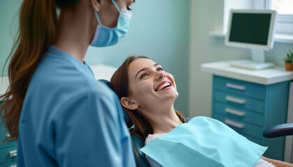 A cheerful patient smiles at her dentist in a modern clinic, showcasing a positive dental experience. For dental marketing, health campaigns, or patient care materials promoting comfort and trust