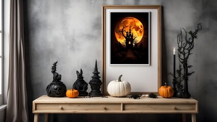 Modern minimalist vertical wall art mockup with sofa for Halloween, blank frame for vertical wall art living room mockup, Halloween spooky scary vibes of the room interior