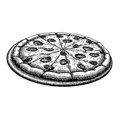 Whole Pizza in Detailed Black and White Outline Line Art Drawing with Slices and Toppings