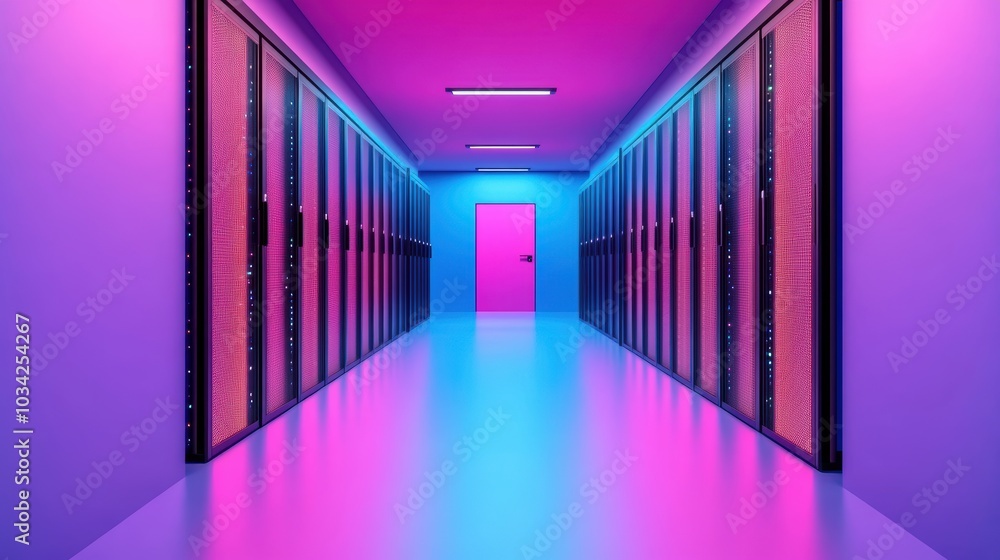 Poster a modern data center with rows of servers, security cameras, and network cables, emphasizing the phy