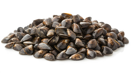 Obraz premium Shellless Mussels on White, a close-up view of fresh, open mussels showcasing their delicate textures and vibrant colors against a clean backdrop