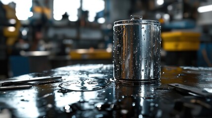 A metal oil can on an industrial workshop surrounded by tools and machinery