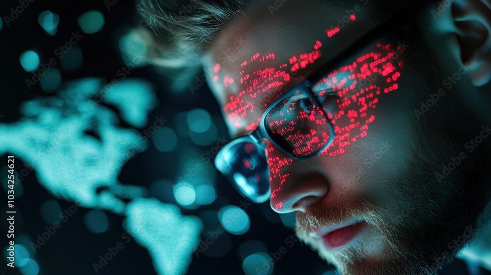 Poster a team of intelligence analysts studying a map of cyber threats around the globe, emphasizing the gl