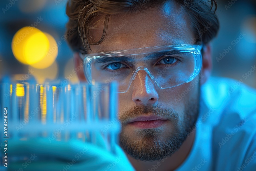 Poster focused scientist with protective goggles examining test tubes in laboratory setting