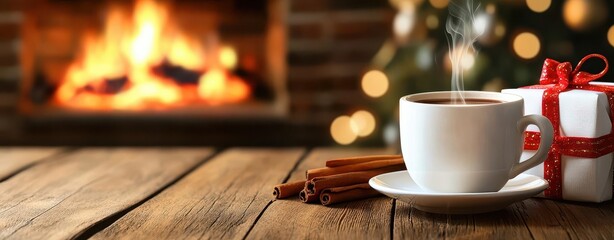 Warm coffee cup beside cinnamon and gift, cozy fireplace in a festive setting.
