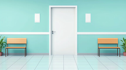 Modern waiting area with blue walls and benches