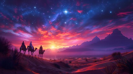 Naklejka premium A peaceful desert scene at dusk with three astrologers riding camels, the sky painted in vibrant sunset colors, distant mountains casting long shadows over the dunes,