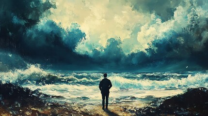 Fototapeta premium A person standing alone by the ocean, facing turbulent waves and dramatic clouds, evoking introspection and solitude.