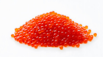 Vibrant red caviar delicately arranged on a pristine white surface, showcasing its luxurious texture and rich color contrast.