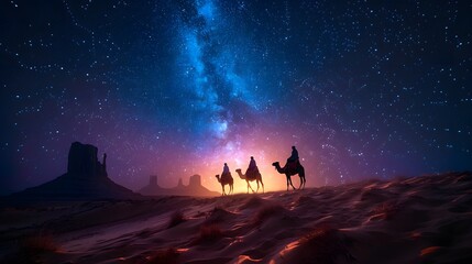 A wide view of astrologers on camels following a glowing star across the desert, the star’s mystical light illuminating the dunes, casting an ethereal glow, the night sky filled with stars,