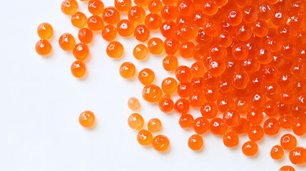 Red caviar displayed on a clean white surface, emphasizing its vibrant color and texture in an overhead perspective