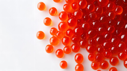 Vibrant red caviar arranged elegantly on a pristine white surface, showcasing a luxurious culinary delicacy.