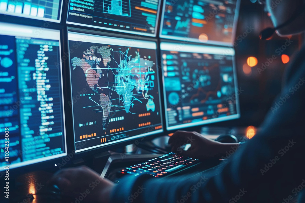 Poster cybersecurity analyst monitoring global network