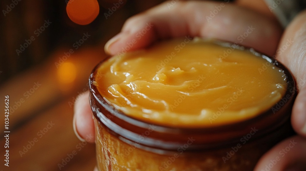 Poster a person gently holds a jar filled with golden honey, highlighting its creamy consistency. the warm 