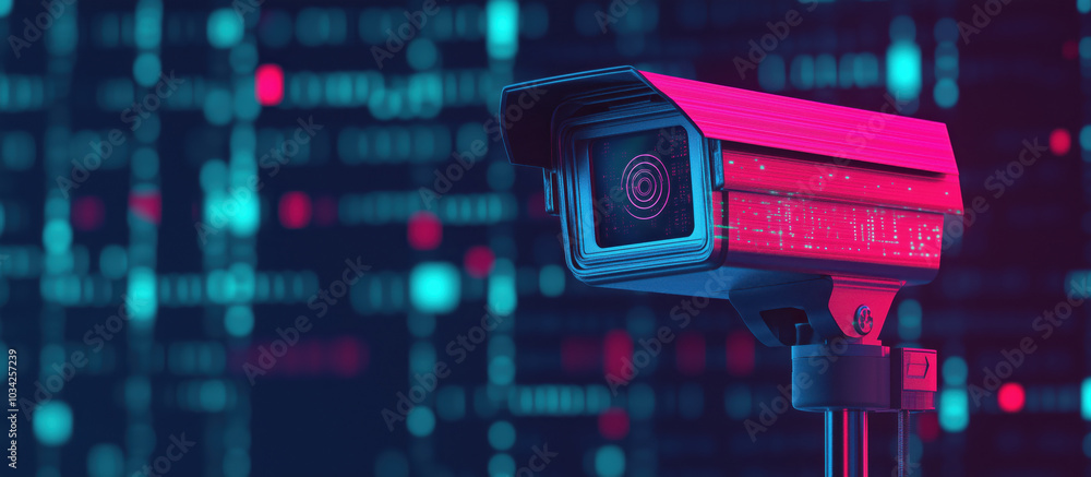 Poster surveillance camera glowing in public space, capturing data visually