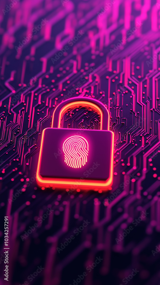 Poster digital privacy concept with fingerprint icon and lock symbolizing security