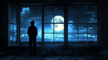 Fototapeta premium A silhouette of a person gazing out a window at a full moon and starry night sky, evoking contemplation and wonder.
