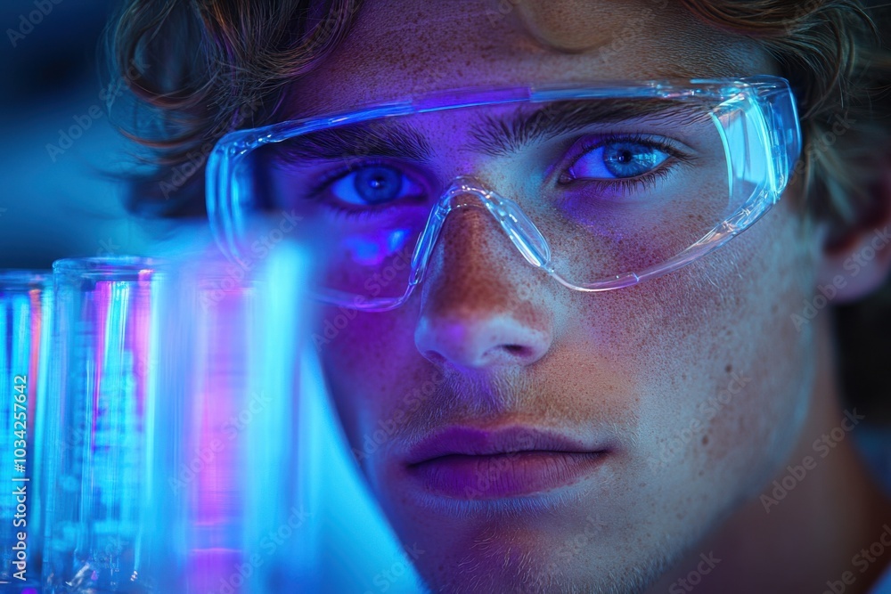 Poster focused scientist with protective goggles examining test tubes in illuminated lab