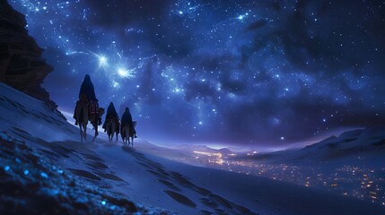 Fototapeta premium Astrologers on camels moving through the desert, the glowing eastern star outlining their figures against the night sky, the desert sands lit faintly by the soft glow,