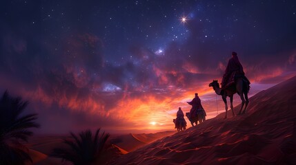 Fototapeta premium Astrologers on camels pointing at a bright star in the twilight sky, the sand dunes glowing softly under the fading light of the sun, the sky filled with warm orange and purple tones,