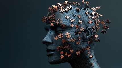 A 3D human head composed of interconnected puzzle pieces, symbolizing the mind and mental health
