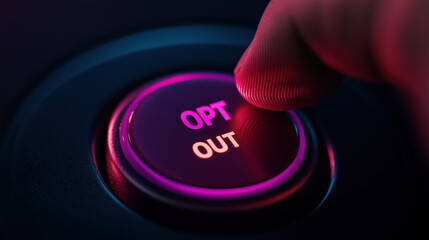 Hand pressing glowing OPT-Out button, emphasizing choice and control