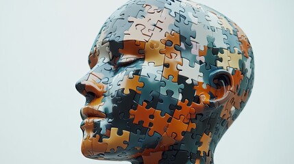 A 3D human head made of puzzle pieces, symbolizing mental health awareness on a white background