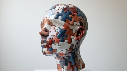 A 3D human head made of puzzle pieces, symbolizing mental health awareness on a white background