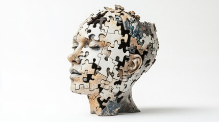 A 3D puzzle of a human head with missing pieces, highlighting mental health challenges on white