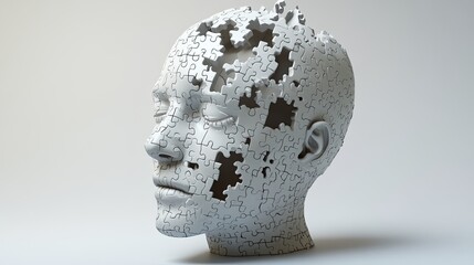 A 3D puzzle of a human head with missing pieces, highlighting mental health challenges on white