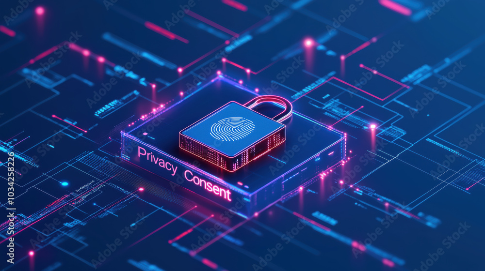 Poster digital padlock with fingerprint symbolizing privacy consent and security