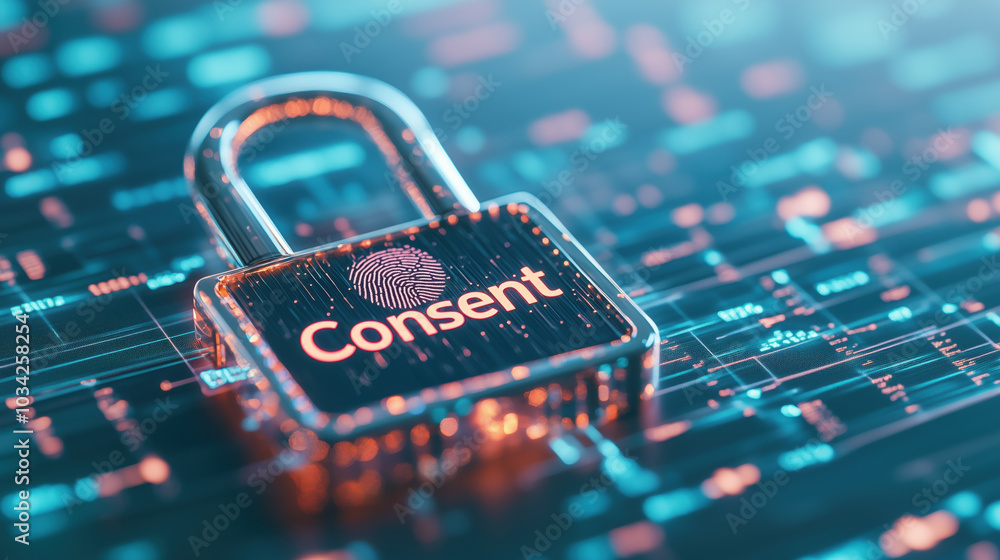 Poster digital padlock with fingerprint design symbolizes consent and security
